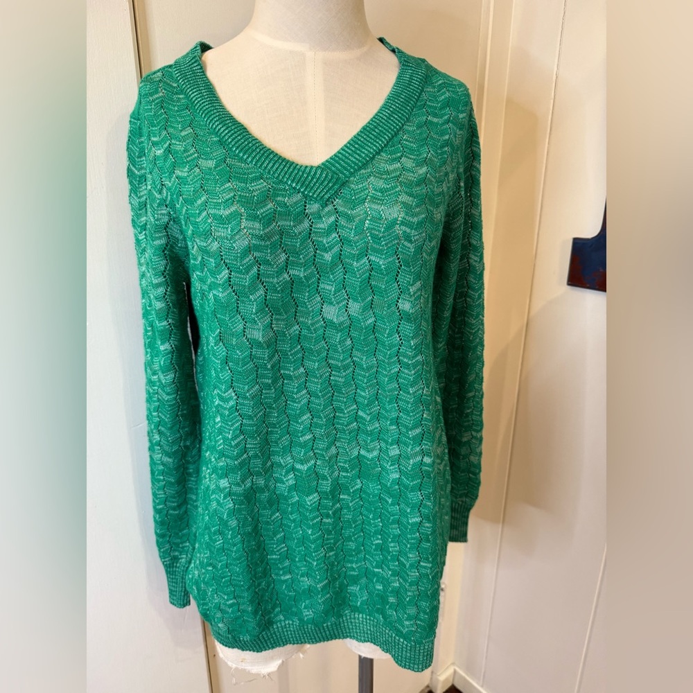 LOGO by Lori Goldstein Emerald V-Neck Knit open design Sweater Sz S